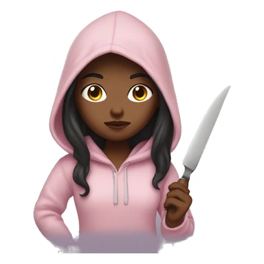 Girl with long dark hair in a light pink hoodie with a serious face holding a butter knife sticker