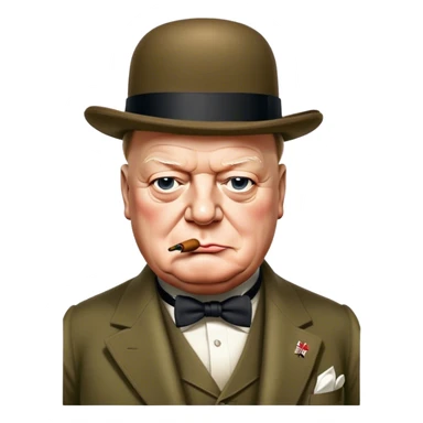 Cinematic Realistic Winston Churchill Portrait Emoji, depicted as a resolute British statesman with a signature bowler hat and a cigar, exuding determined leadership and wartime valor, rendered with lifelike textures and dramatic vintage lighting that captures his iconic British spirit. sticker