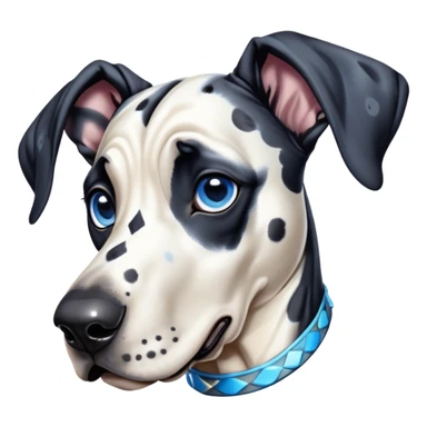 Cinematic Cute Harlequin Great Dane Portrait Emoji, Head tilted playfully and inquisitively, featuring a glossy coat of predominantly white with dynamic black patches, round, sparkling blue eyes filled with gentle curiosity, Simplified yet irresistibly adorable features, highly detailed, glowing with a warm, friendly glow, high shine, affectionate and gentle, stylized with a touch of whimsy, bright and endearing, soft glowing outline, capturing the essence of a mischievous yet loving pup, so playful it feels like it could lumber out of the screen and into your arms! sticker