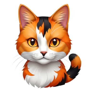 cinematic-noble-calico-cat-portrait-emoji,-poised-and-regal,-with-a-striking-patchwork-fur-in-vibrant-orange,-black,-and-white-hues premoninantly black,-delicate-whiskers-and-a-refined,-relaxed-gaze,-simplified-yet-exquisitely-detailed,-glowing sticker