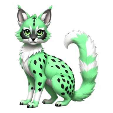 Cute kawaii cool edgy badass  neon-green fur with obsidian-onyx-black points and snowy-white belly fantasy-caracal-civet-genet-sergal-vernid-Gryphon-Cacomistle-Trico-oncilla-animal-Fakémon-hybrid-fursona (full body), facial markings, (realism style) sticker