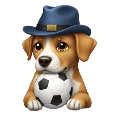 Dog holding a football with a hat sticker