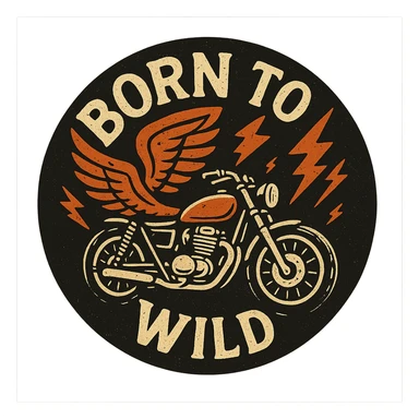 circular motorcycle cap design with transparent background, text 'Born to be wild', motif: wing, motorcycle, lightning, energetic style sticker
