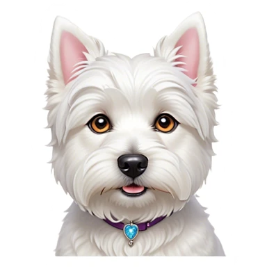 Cinematic Cute West Highland White Terrier Portrait Emoji, Head tilted playfully and inquisitively, featuring a fluffy, immaculate white coat with perky ears, round, sparkling dark eyes filled with curiosity, Simplified yet irresistibly adorable features, highly detailed, glowing with a warm, friendly glow, high shine, affectionate and lively, stylized with a touch of whimsy, bright and endearing, soft glowing outline, capturing the essence of a mischievous yet loving pup, so playful it feels like it could bound out of the screen and into your arms! sticker