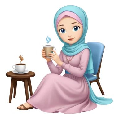 Turkish beautiful finish Konya girl blue eyes with pastel hijab long tail dress and sits on the chair on the ground and holds cup coffe with her hand  sticker
