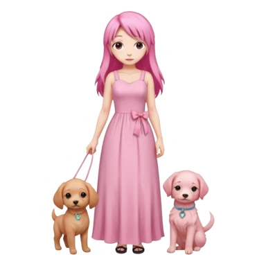 Pastel anime lady long hair pink long dress full body holding puppy sticker
