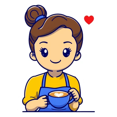 Cute brunette barista girl with hair in a bun wearing yellow shirt and dark blue apron, she's relaxed and making heart-shaped latte art, smiling at the coffee cup with a heart design in the foam sticker