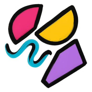 Push the logo to be even more abstract and unrestrained, with bold, misaligned geometric shapes and a vibrant, expressive color palette. Avoid any literal symbols, focusing on pure movement and connection. Clean, bold, and app icon ready. No background. sticker