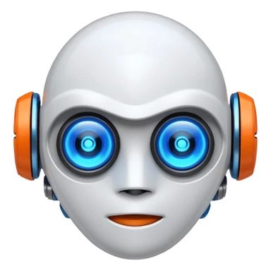 "Cartoon-style robot head with glowing blue eyes, white shell, orange-tipped arms, and blue gradient background" sticker