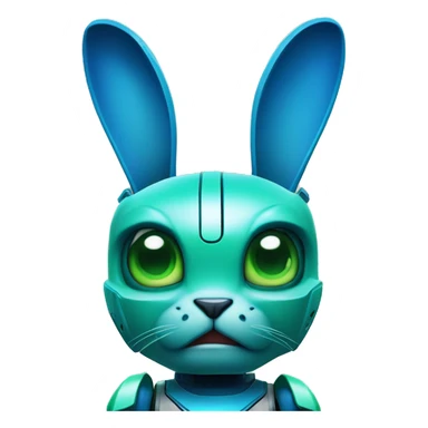 the  blue and green The robot rabbit with a fierce, determined expression, fist clenched in focus. sticker