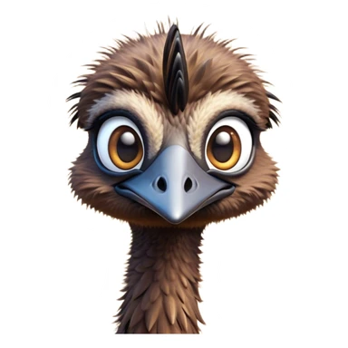 Cinematic Cute Emu Portrait Emoji, Head tilted playfully and inquisitively, featuring a glossy, textured brown plumage with a perky head and round, sparkling eyes full of curious wonder, Simplified yet irresistibly adorable features, highly detailed, glowing with a warm, friendly glow, high shine, affectionate and lively, stylized with a touch of outback whimsy, bright and endearing, soft glowing outline, capturing the essence of a mischievous yet loving emu, so playful it feels like it could gallop out of the screen into your arms! sticker
