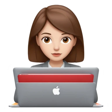 memoji of a brown hair white skin female with a grey laptop in front, apple-style, modern sticker