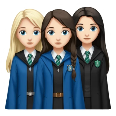 a pretty ravenclaw girl with long dark brown hair and blue eyes standing with a hot Slytherin girl with long blonde hair, blue eyes sticker