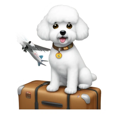 ABichon Frise standing next to a suitcase filled with iconic places stickers on the suitcase  sticker