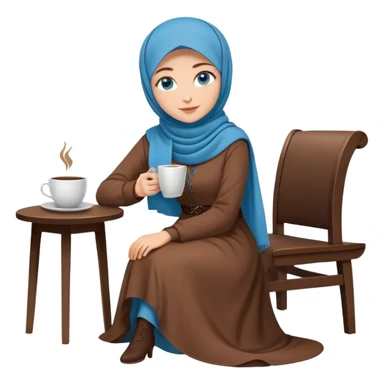Turkish beautiful finish Konya girl blue eyes with brown hijab long tail dress and sits on the chair on the ground and holds cup coffe with her hand  sticker