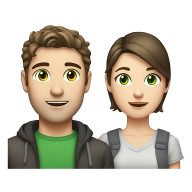 a brunette guy with fair skin and green eyes, next to him a brunette girl with fair skin and green eyes, and between them a gray tabby cat sticker