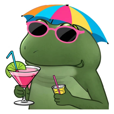 Bufo frog in a jumping pose, with rainbow umbrella hat, round sunglasses, holding a pink cocktail, classic Bufo meme style sticker