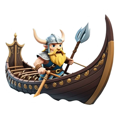 clash-of-clans-aesthetic_-cinematic-viking-longboat, rendered in a flat, bold vector style with minimal shading, featuring a striking dragon-headed prow slicing through icy, churning waters. shields on the side and vikings rowing The longboat’s intricately detailed shields and carved motifs evoke a sense of epic adventure and Nordic might, with billowing sails catching a dramatic, stormy sky backdrop. sticker