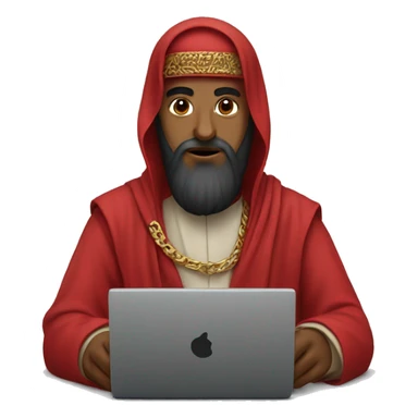 A caliph with red clothes writing in a laptop sticker