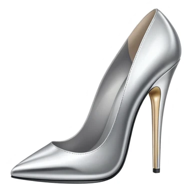 A pair of high heel shoes emoji made of polished silver chrome, elegant sharp silhouette, smooth metallic surface, glossy reflections, luxury sexy vibe, minimalistic iOS emoji style, centered, clean white background sticker