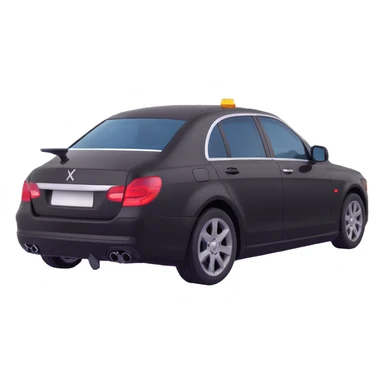 black luxury car with a visible dent, hammer and rod forming an X on the rear right corner, reflection lamp above rear illuminating damaged area, elegant and modern sticker