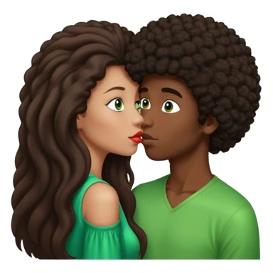 girl with long brown straight hair and green eyes kissing dark boy with afro and big nose sticker