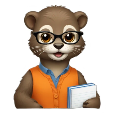Otter in an orange cardigan with round glasses holding multiple journals, planners and pens sticker