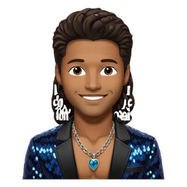 Eric Benét with long dark brown hair, black sequin jacket, shirtless with necklace sticker