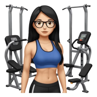 girl with long black hair, brown eyes, medium size breasts, wearing glasses and working out in the gym sticker