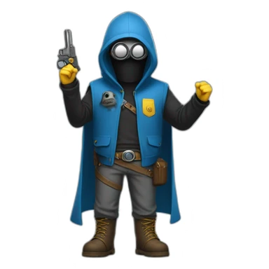 no face normal minion with minion glasses in hood in blue sleeveless shirt with with raised hands and pistols in each with a gold insert on the belt in gray pants and leather boots sticker