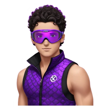 male athlete with white skin and moderately curly dark brown hair on top with shaved sides, wearing ski goggles with purple frames and very dark black lenses, a simple plain black chain necklace, and a completely unzipped sleeveless vest with purple and black sequin fire pattern design with no logo, fully revealing his chest, shoulders and arms, no earrings sticker