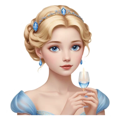 Cinematic Realistic Cinderella Portrait, depicted with lifelike skin texture, subtle rosy undertones, and soft natural lighting that enhances the gentle contours of her face. Her intricately detailed golden blonde hair is elegantly styled in an updo, with delicate wisps framing her face. Her deep, expressive blue eyes radiate warmth and sincerity, reflecting a quiet resilience and grace. She holds a glass slipper gently in one hand, her other hand resting gracefully at her side, emphasizing the timeless beauty of the moment. She is dressed in her iconic ball gown, the fabric shimmering with intricate embroidery and fine translucent layers that catch the light beautifully. The soft sheen of satin gloves adds a magical touch to her graceful pose. The portrait features an enchanting glow with a natural, luminous finish, seamlessly blending realism and fairytale charm to evoke a sense of depth, elegance, and timeless beauty. sticker