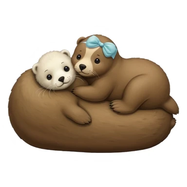 tiny white seal laying on a big brown bear’s belly sticker