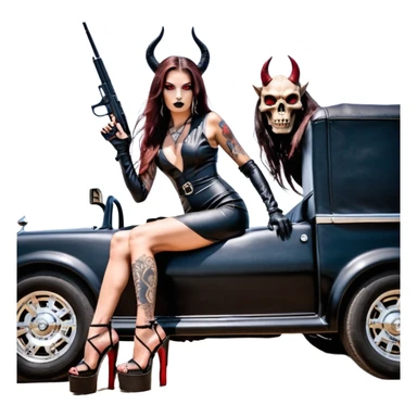 Lilith model red eye sexy black  devil horns.  long brown haired sexy succubus woman with leather long dress slit, sitting on big Large rolls royce truck. Black Platform high heels on feet. Tattoo sleeve arms, dead human skull of her ex skull is on top of stack of cash and a gun in  hand sticker