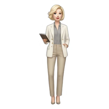 Full height pale skin woman with ash blonde Straightened bob Hair, White Spacious jacket, beige Arrow pants and gray blouse holding a color palette in the hands sticker