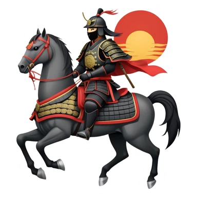 clash-of-clans-aesthetic_-cinematic-fearsome-and-majestic-samurai-bust-portrait-emoji, rendered in a flat, vector-style with minimal shading and bold, simplified shapes typical of emoji art, depicting a battle-hardened samurai with black mask and traditional black Japanese armor. The samurai is riding a noble grey warhorse adorned with an intricately designed saddle and fluttering banners and a rising sun. a samurai riding on a  horse zoomed in sticker