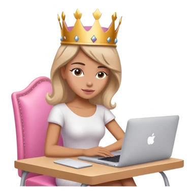 Attractive woman with crown on her head sat at the desk with MacBook and pink chair  sticker