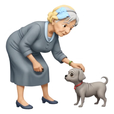 Old woman bent over from waist to floor trying to pick up dog sticker