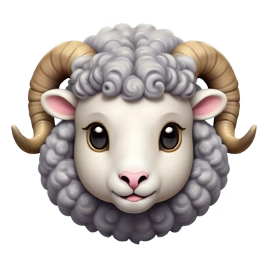 Cinematic Cute Ram Portrait Emoji, Head tilted playfully and inquisitively, featuring a dense, woolly grey fur with charming curled horns, round, sparkling dark eyes filled with curiosity, Simplified yet irresistibly adorable features, highly detailed, glowing with a warm, friendly glow, high shine, affectionate and spirited, stylized with a touch of rugged whimsy, bright and endearing, soft glowing outline, capturing the essence of a mischievous yet loving ram, so playful it feels like it could butt its way out of the screen and into your arms! sticker