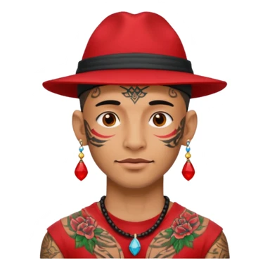 unique looking tourist with big unique red tourist hat and earrings, man with lots of tattoes sticker