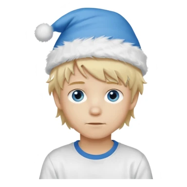 create boy blonde hair long messy, light eyes, white t shirt, rich, long hair, eyes blue, acessory head cristimas blue hat, fluffy hair medium long sticker