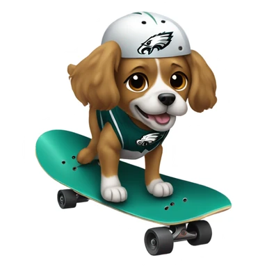 Dog riding skateboard with Philadelphia eagles helmet sticker