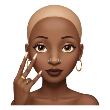 Grown black (proud) woman, bald with a perfect head, a prominent nose with a septum piercing, many piercings on her ears, a gap between her front teeth and very long nails (cynthia erivo) a proud lesbian, with long lashes and her finger tapping her head sticker