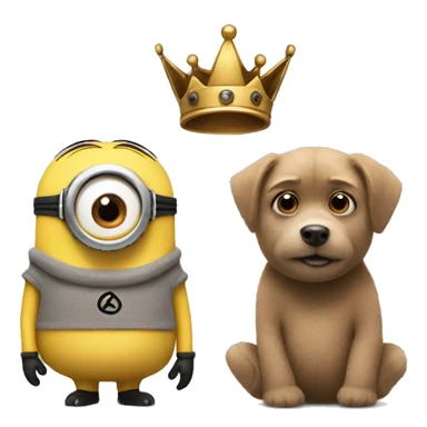 a minion with one brown eye and one grey eye holding a brown teddy bear with a crown on sticker