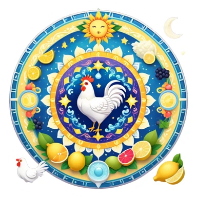 Celestial fitness mandala with magical water and lemon at center, surrounded by orbiting enchanted elements: radiant sun, glowing chicken and rice, sparkling gym weights, ethereal yogurt, twinkling fruits, and mystical sleep moon, all connected by cosmic energy flows and starry aura sticker