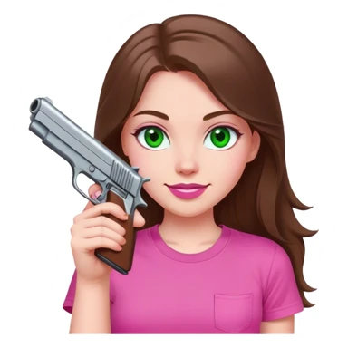 mid sized white skinned girl with green eyes and long brown hair holding a pistol smiling in a pink t-shirt with pink lips sticker