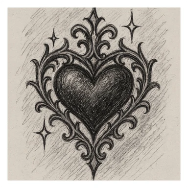 gothic heart with sparkles, ornate, dark, elegant, pencil sketch style sticker