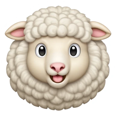 An emoji of a fluffy white sheep with its mouth open, making a 'meee' sound. Cute and cartoon-style, with soft wool texture and expressive eyes. Simple and playful design, resembling a classic farm animal emoji sticker