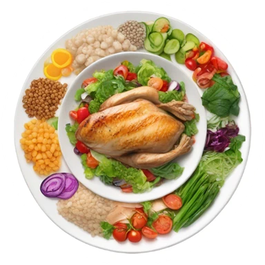 Look up on a large white round plate of healthy food sticker