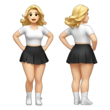 full-body-caucasian-curvy-beauty-jumping-short-black-skirt-back-and-front-views-strong-wind-white-knickers-long-white-socks sticker